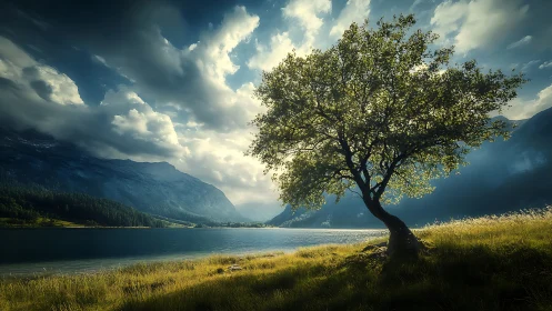 Solitary lakeside tree backlit against dramatic alpine storm