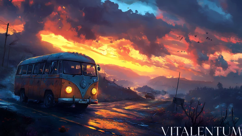 Sunset roadtrip bus cruising under wildfire painted skies.