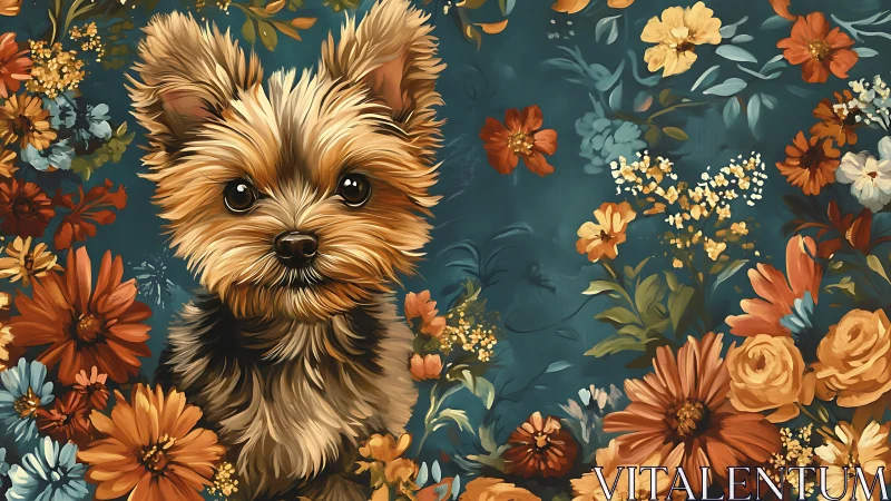 Bright-eyed yorkie blooms amid teal garden daydreams.
