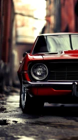 Red muscle car nose framed in moody urban alleyway.