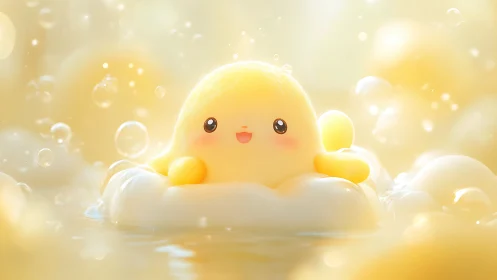 Glow-kissed yellow mascot in dreamy soap bubble bath.
