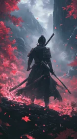 Backlit katana ronin in crimson leaf canyon atmosphere.