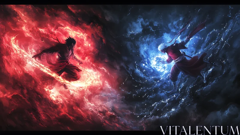 Fiery warrior meets icy mage in swirling cosmic clash.