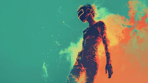 Neon-silhouetted cyber hero stands against blazing void