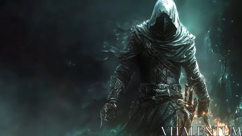 Hooded armored rogue stands in dark mystical flames.