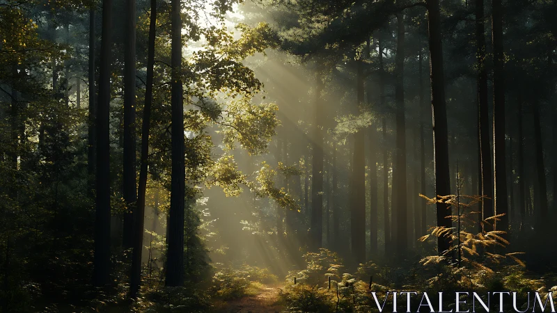 Volumetric Light Rays Penetrating Dense Coniferous Forest Canopy
