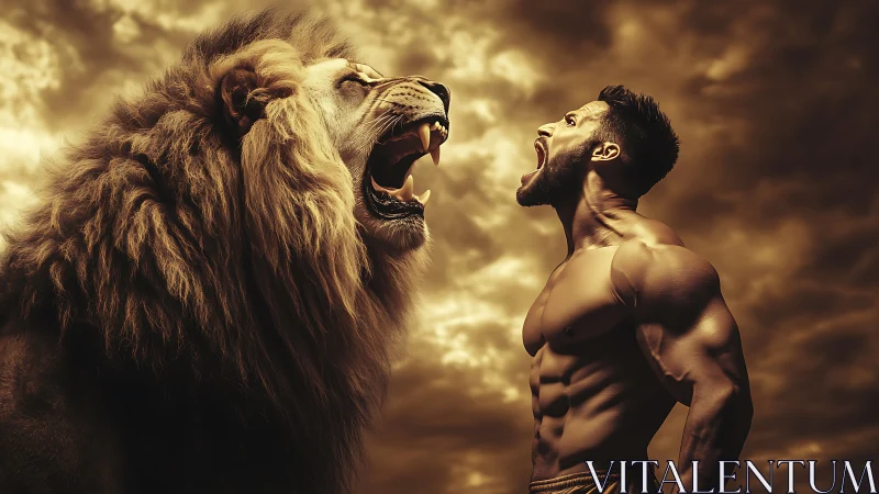 Muscular man roaring back at lion under bronze sky.