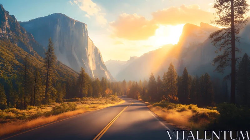 Sunlit mountain highway recedes through atmospheric valley haze