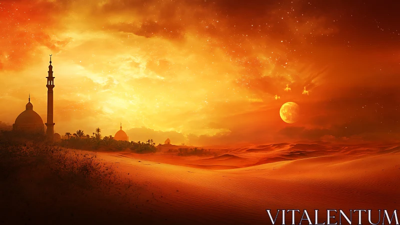 Desert mosque skyline under fiery celestial sunset glow.