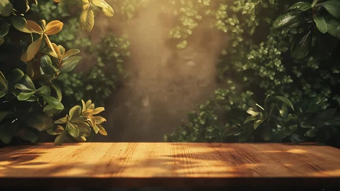 Wooden Table with Golden Hour Garden Foliage