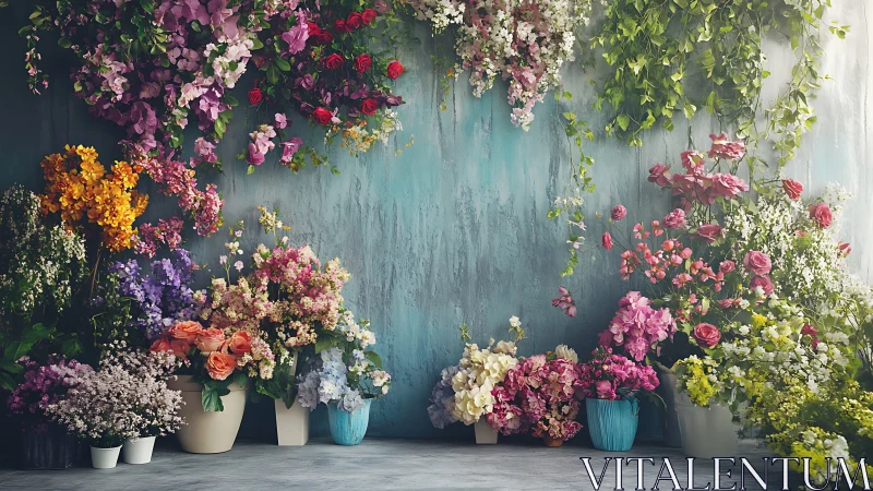 Abundant Floral Arrangement Against Weathered Blue Wall.