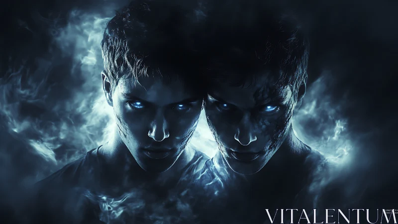 Two blue-eyed male figures emerge symmetrically from dark mist