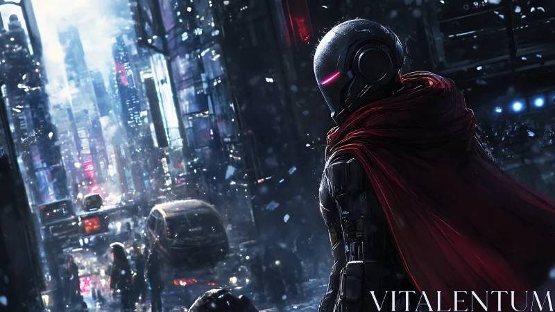 Armored cyborg sentinel surveys neon-lit dystopian street corridor
