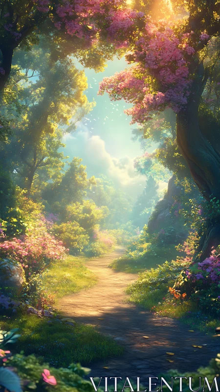 Luminous Forest Canopy: Sunlit Pathway Through Blooming Botanical Architecture.