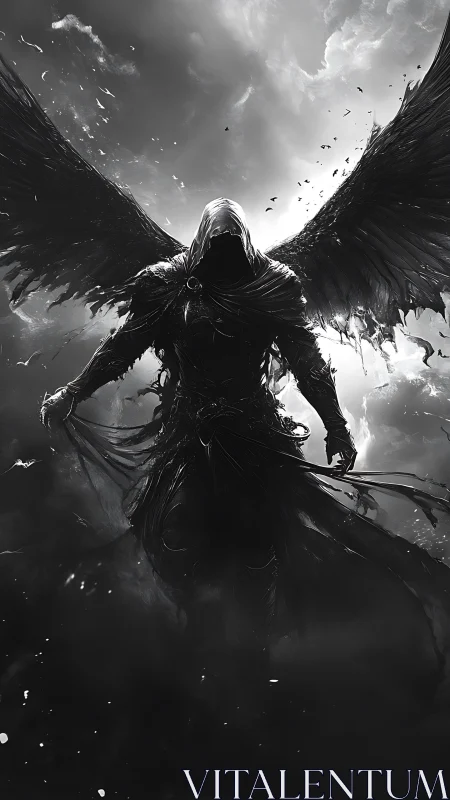 Winged hooded wraith rendered in high contrast monochrome chiaroscuro