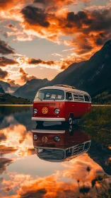 Red retro van parked by reflective mountain lake at sunset