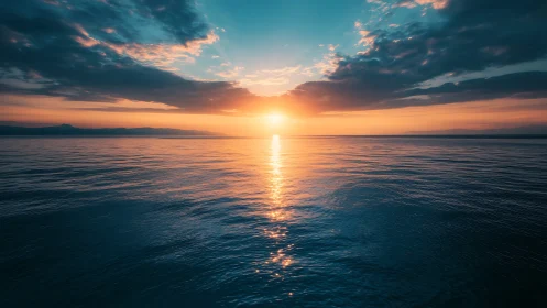 Wide-angle seascape sunrise with reflective calm water plane