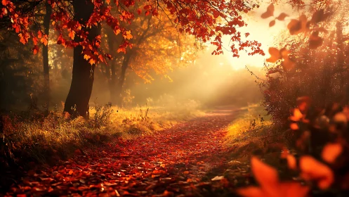 Golden autumn forest path glows in soft morning light.