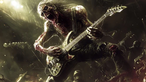 Undead metal guitarist shredding on chaotic infernal stage.