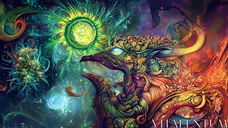 Cosmic dragon blooms in swirling galaxies of color.