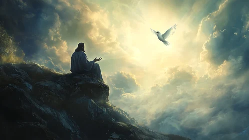 Sunlit summit prayer beneath a soaring white dove.