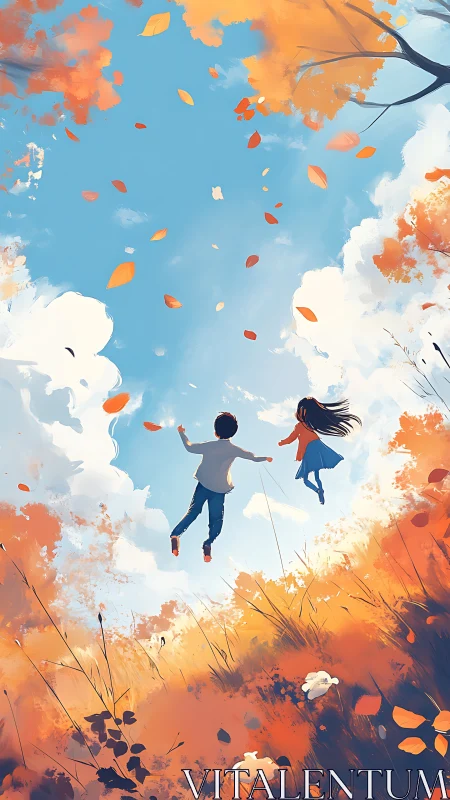 Autumn skyward leap with children adrift in swirling leaves.