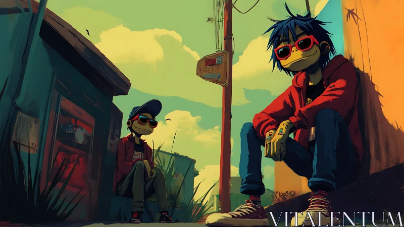 Stylized youths in urban alley with saturated lighting effects.