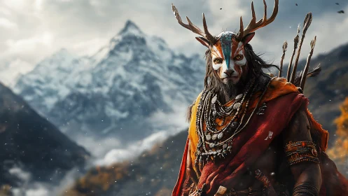 Horned mountain shaman prowls the snowbright horizon.