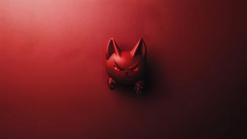 Dark cartoon cat with glowing red eyes on textured red background.