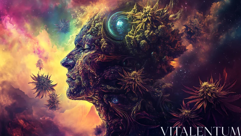 Psychedelic cosmic portrait in botanical surrealist digital painting.