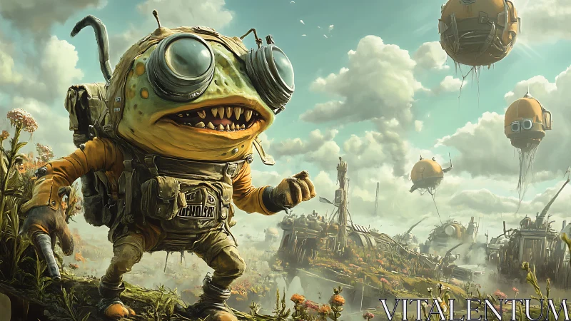 Alien explorer frog crosses ruined sci fi industrial valley.