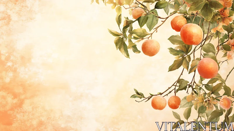 Botanical study of ripe peaches on branching canopy geometry.