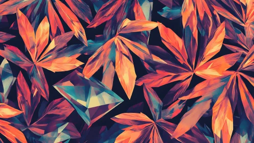 Geometric crystal forms shimmer amid fiery abstract leaves.