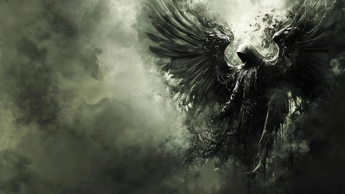 Dark winged reaper rises from swirling shadowed mist.