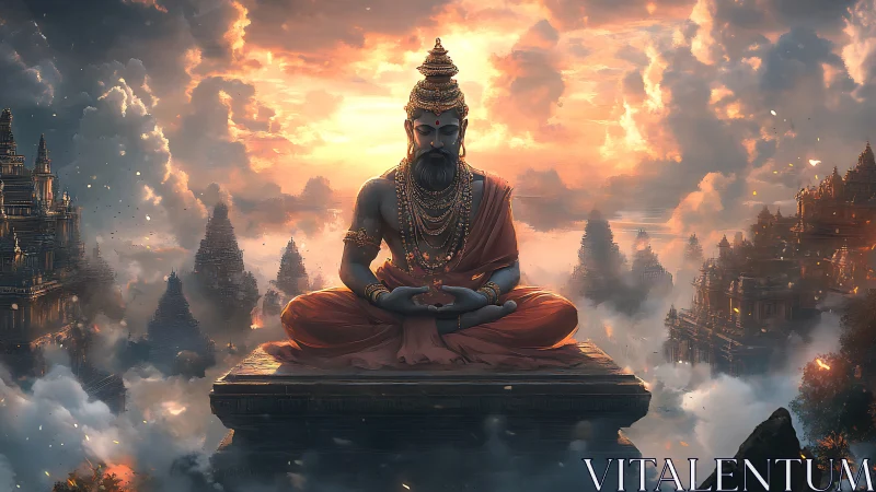 Serene sky temple meditation with luminous sunset calm.