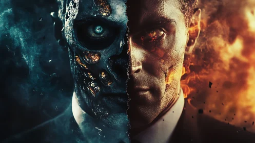 Cyborg face splits cold machinery and blazing human fire