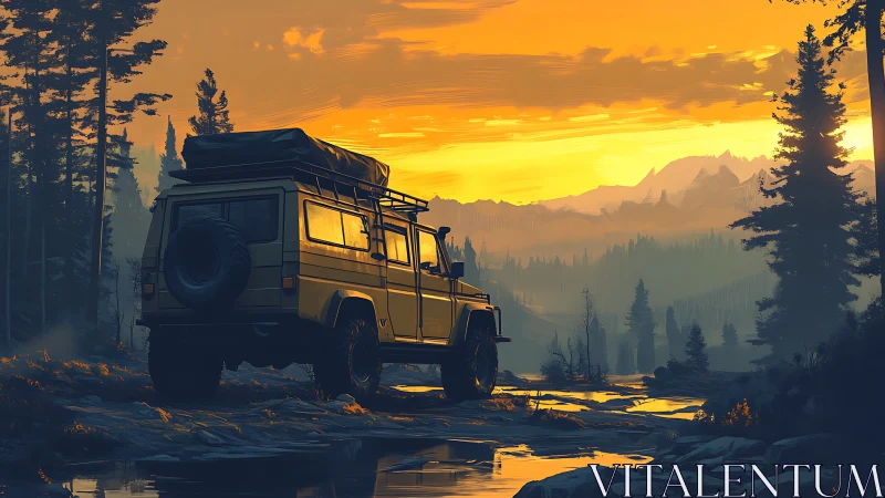 Off road vehicle in forested valley at orange sunset light.