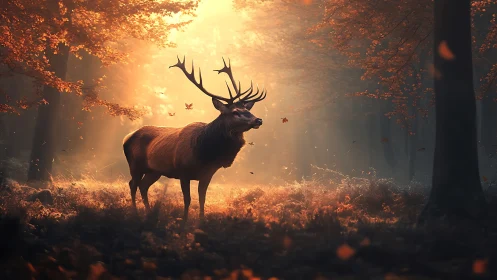 Majestic stag stands under golden autumn forest light