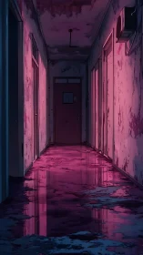 Nightlit flooded corridor in dystopian apartment block.