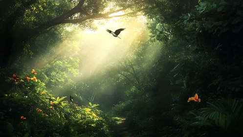 Morning light pours gently into a lush, flowered forest path