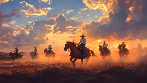 Cowboys ride across dusty plain under dense sunset clouds