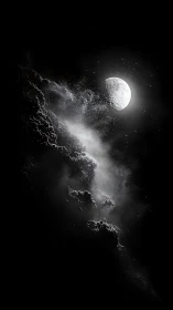 Moonlit cosmic dust stream shrouded in deep black space.