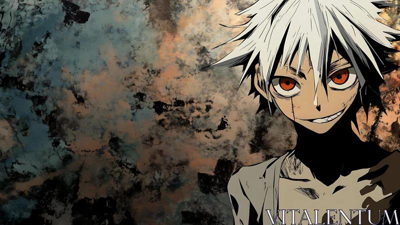 White haired anime boy with sinister smile on grunge wall