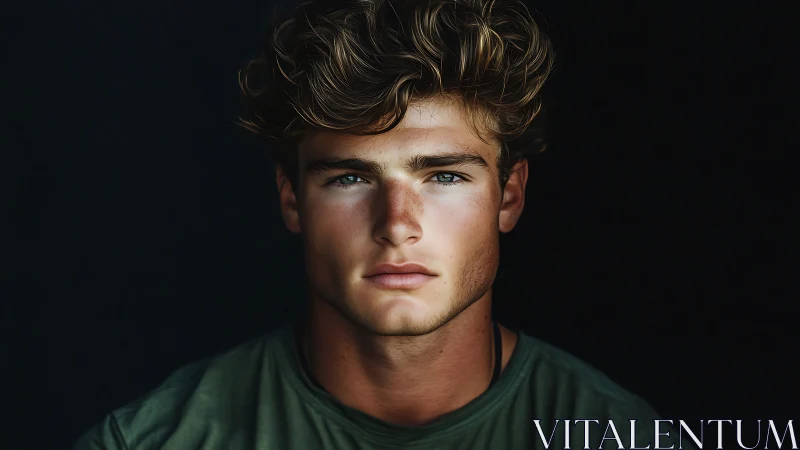 Sunlit gaze of a thoughtful young man against deep shadow.