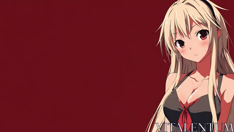 Blonde anime girl on dark red minimalist background.