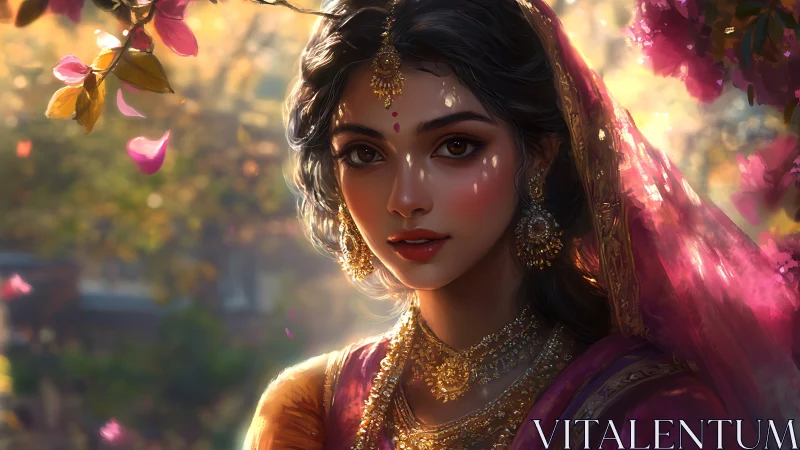 Portrait of woman in ornate sari under soft evening light.