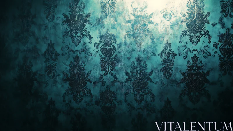 Moody teal damask wall glowing with gentle vintage charm.