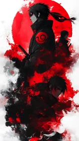 Dark anime swordsman stands before red sun and swirling smoke