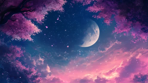 Crescent moon framed by pink treetops in glowing night sky