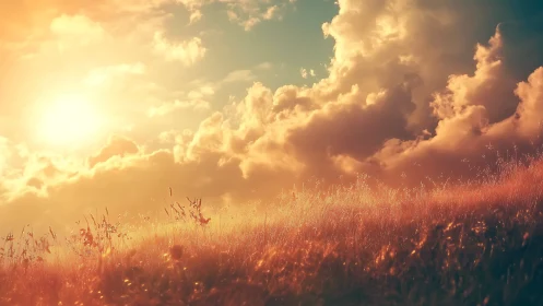 Golden hillside meadow under dramatic sunset sky.
